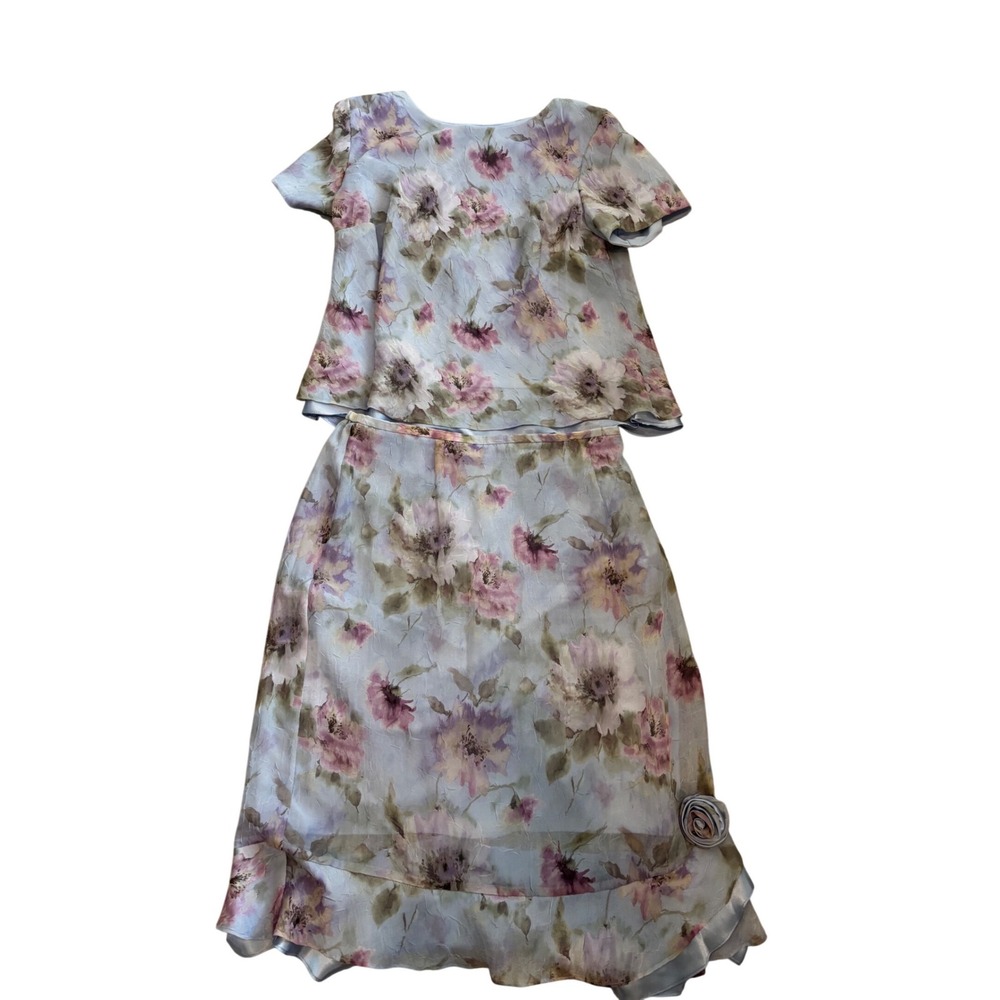 Lady Dorby Skirt Set Women 14W Blue Floral cottagecore 2 Piece Vintage 90s